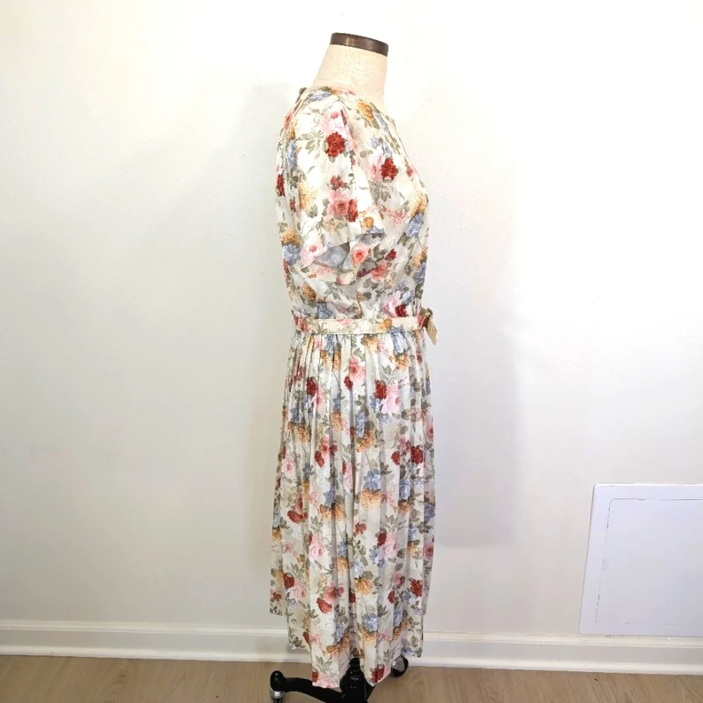 Vintage silky poly earthy floral, modest slip on day dress W matching belt. 12P